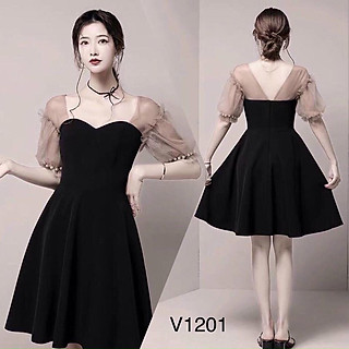 Đầm xoè tay phối lưới đính cườm xinh lung linh