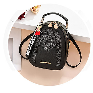 Balo Mini Da Nữ Tai Mèo Cute, Đeo 2 Kiểu, Tặng Móc Khóa (21x18cm) - ĐEN