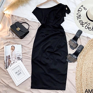 Đầm body trơn lệch vai phối nơ đính vai