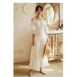 Đầm maxi trắng bẹt vai xinh xắn - Hàng nhập HATI - DMXX03598