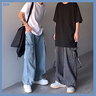 Quần JEAN baggy nam nữ unisex TÚI HỘP màu XANH - XÁM  Nam nữ unisex  Quần baggy ống rộng NBJ001