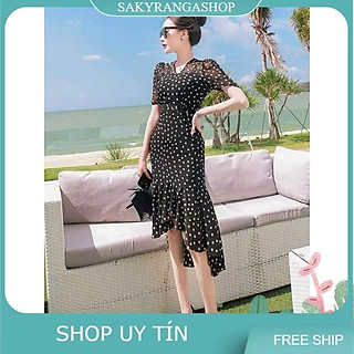 HÀNG NHẬP - ĐẦM LỤA BODY ĐUÔI CÁ CHẤM BI