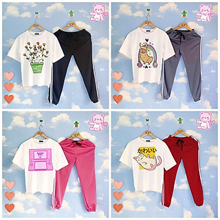 Set áo thun tay lửng quần kẻ 3 sọc, quần unisex 2 sọc C910