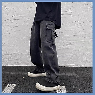 Quần JEAN baggy nam nữ unisex TÚI HỘP màu XANH - XÁM Nam nữ unisex Quần baggy ống rộng NBJ001