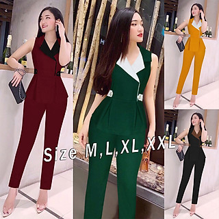 AV6525 - Bộ áo vest sát nách cổ phối màu eo nhấn và quần dài xinh xắn