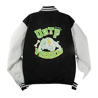 ÁO KHOÁC BOMBER NỮ VẢI NỈ NGOẠI MÀU ĐEN TAY PHỐI TRẮNG , ÁO KHOÁC BÓNG CHÀY NÚT CÀI NỮ UNTP