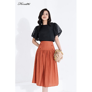 Chân váy xòe rút nhún tùng váy tạo điểm nhấn HeraDG thiết kế 2 lớp đính cúc trang trí chất liệu đũi cao cấp SJPBB3041