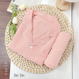 Bộ đồ ngủ nữ dài tay, bộ đồ pizama (bộ pijama) chất liệu xốp đũi Hàn mề
