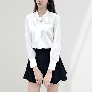Áo sơ mi nữ dài tay, sơ mi công sở cát hàn cổ nơ EKS112
