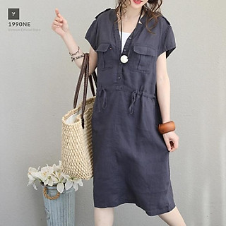 Đầm bầu suông linen nữ cổ V túi hộp dây thắt eo LAHSTORE