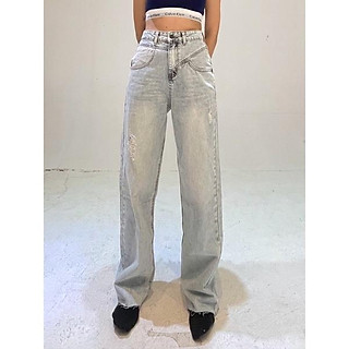 QUẦN JEANS ỐNG XUÔNG MÀU JEANS XANH BẠC WAX RÁCH NHẸ