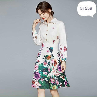 Đầm xoè kiểu cổ sơ mi phối hoa văn 3D