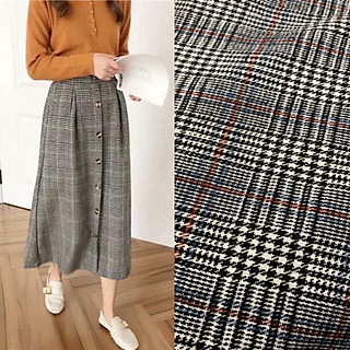 Chân váy dạ kẻ phối khuy dáng xoè