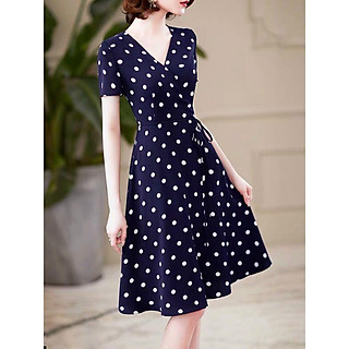 Đầm Chấm Bi Xòe Cổ V, đầm xòe, đầm xòe họa tiết, đầm xinh, đầm đẹp