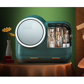 Tủ đựng mỹ phẩm trang sức kiêm gương đèn led 3 chế độ sáng - Xanh ( TẶNG MÓC KHÓA GỖ)