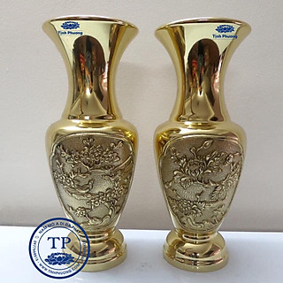 ĐÔI LỌ HOA LỤC BÌNH ĐỒNG CHẠM TRỔ HOA CÚC, HOA MAI, VÀNG BÓNG CAO 30CM KH12130