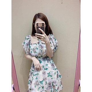 Váy voan tơ hoa trễ vai dây buộc cổ