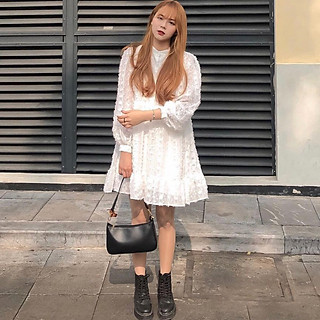Đầm suông tay dài kiểu babydoll đi chơi dự tiệc chất voan lông xù mềm trắng BABYDOLL DRESS