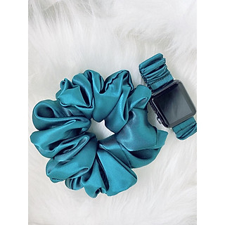 Combo dây đồng hồ apple watch và scrunchies dây cột tóc, buộc tóc vải satin lụa cao cấp xanh đậm
