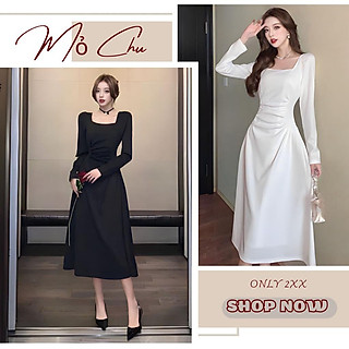 Đầm maxi cổ vuông tay dài xoắn eo