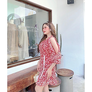 ĐẦM VOAN LỤA 2 LỚP CỔ TRÒN KHOÉT VAI BÈO DÀI TAY ĐẦM ÔM BODY XÒE-hình thật shop chụp