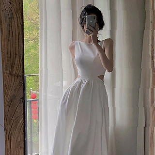 Váy đầm tiểu thư đen trắng khoét eo không tay dài qua gối kiểu Pháp