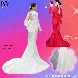Đầm váy cưới maxi đuôi cá dài phi nhật dày dặn hở nơ lưng nơ lưng trắng đỏ mặc cưới đi biển dự tiệc dạo phố bigsize