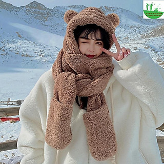 Mũ len gấu lông cừu xỏ tay cho nữ, mũ trùm đầu liền khăn quàng cổ cho nữ