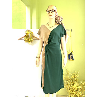 Đầm dự tiệc xoắn eo cổ V phối màu chất lụa xinh xắn