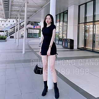 Đầm body nhún sườn dây cột nơ cổ tròn siêu hot