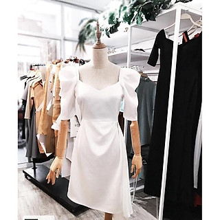 F994 Đầm xòe cổ tim tay phồng tùng xếp đổ trái