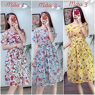 Đầm hoa xoè cổ tròn buộc nơ tay nhún bèo DVCC98