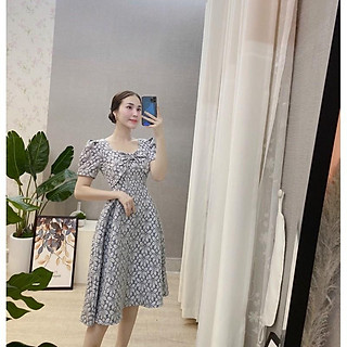 Váy đầm gấm vân nổi xoè nơ ngực tiểu thư uzzlang dự tiệc