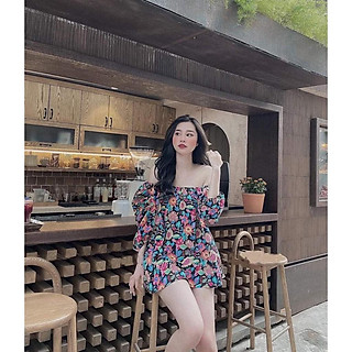 Đầm Lụa Tay Phồng Trể Vai Họa Tiết In 3D