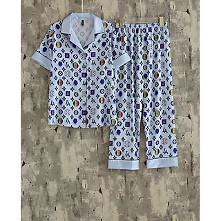 Bộ đồ ngủ lụa tay ngắn quần dài B807 LV xanh đơn giản