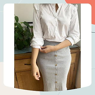 Chân váy bút chì chất len tăm màu ghi NOS