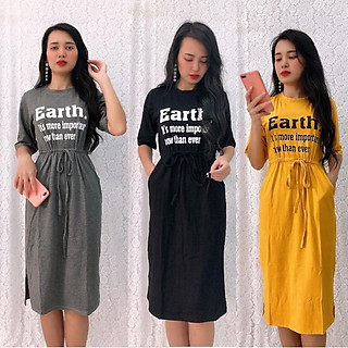 Đầm suông thun rút eo, xẻ tà