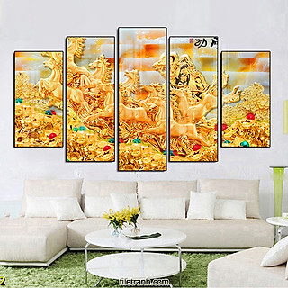 Tranh Canvas Bộ 5 Bức Đàn Ngựa Phi Nước Đại Dũng Mãnh - Tranh Decor Treo Tường Sang Trọng