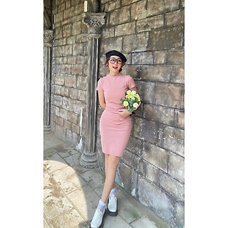 F306 Đầm ôm body nhún eo tay ngắn cổ tròn