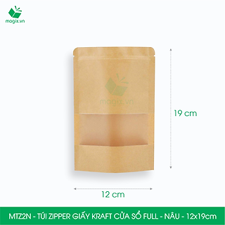 MTZ2N - 12x19cm - Combo 50 Túi Zipper giấy Kraft Nâu đáy đứng có cửa sổ