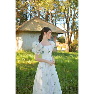 Đầm hoa cổ vuông tay phồng tiểu thư