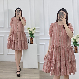 Váy suông sọc caro dáng babydoll, cài cúc thân trước đầm xuông rộng freesize 2 màu đỏ, đen mã V215 - Michi's House