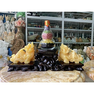Đế Gỗ + Cặp Tỳ Hưu Chiêu Tài Lộc + Hồ Lô Đá Thạch Anh Vụn