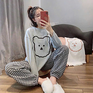 Bộ đồ ngủ cotton 127 gấu đơn giản tay dài quần dài