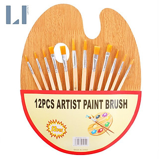 Set khay đựng màu và bộ 12 cọ vẽ bằng gỗ chuyên dụng vẽ tranh màu nước, acrylic, gouache, sơn dầu