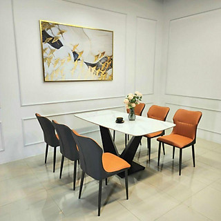 Bàn ăn 6 ghế mặt đá ceramic chống thấm ố.chân bàn sắt