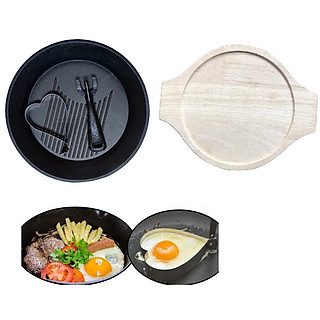 Bộ Chảo Gang Đường Kính 24CM Kèm Dụng Cụ Gấp Và Khuôn Chiên Trứng Và Đế Gỗ