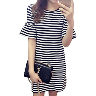 Váy Suông Đen Kẻ Sọc Trắng Tay Bèo Loe