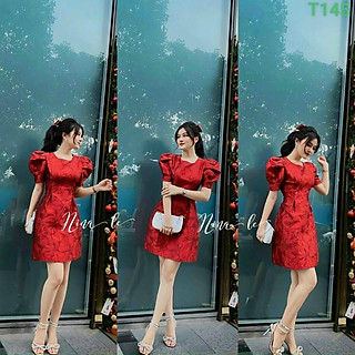 đầm xòe gấm cao cấp tay phồng