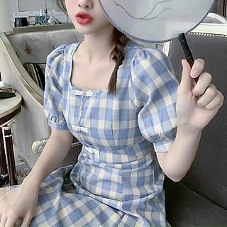 Đầm Cổ Vuông Cài Nút Váy Caro Xanh Nhạt Siu Xinhh